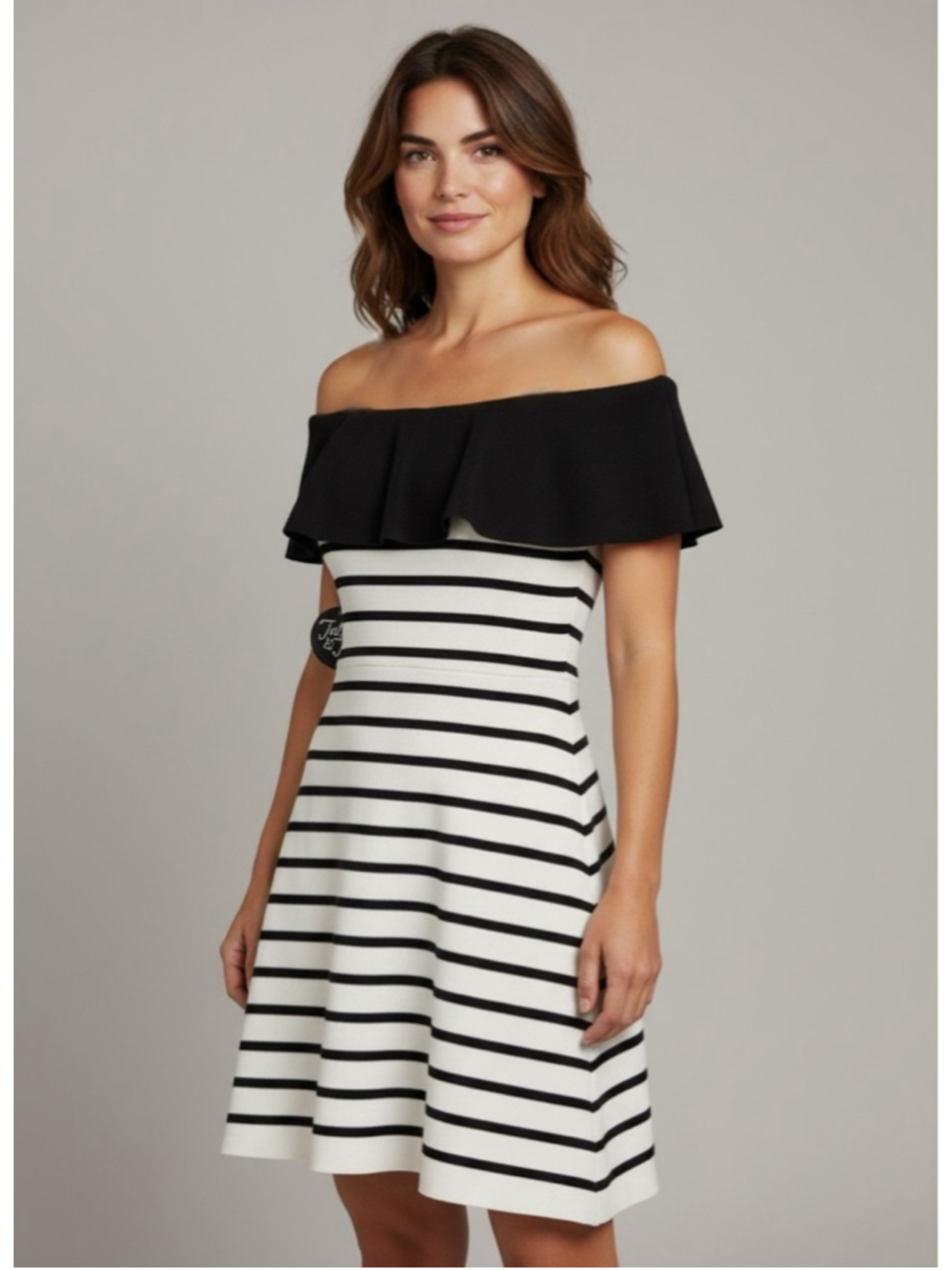 Jolie & Joy L Black & White Striped Off-Shoulder Mini Dress NWT